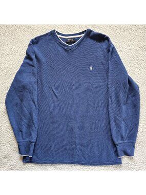 Polo Ralph Lauren Mens Blue XL Cotton Long-Sleeve Waffle-Knit V-Neck Shirt